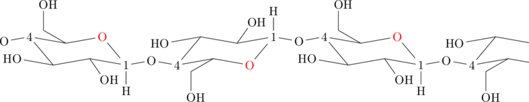  \definesubmol{glucoBeta}{   -[:10,.7]4   (     -[:-10](-[:150,0.7]-[2,0.7]OH)     -[:10]{\color{red}{O}}-[:-50,.75]   )   -[:-50](-[:170]HO)   -[:10](-[:-55,0.7]OH)   -[:-10]1(-[6,0.7]H)   -[:10,.7]O }  \definesubmol{turned-glucoBeta}{   -[:-10,.7]4   (     -[:10](-[:-150,0.7]-[6,0.7]OH)     -[:-10]{\color{red}{O}}-[:50,.75]   )   -[:50](-[:-170]HO)   -[:-10](-[:55,0.7]OH)   -[:10]1(-[2,0.7]H)   -[:-10,.7]O } \chemfig{O!{glucoBeta}!{turned-glucoBeta}!{glucoBeta}!{turned-glucoBeta}}